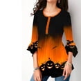 thumbnail image 3 of Autumn Women's Irregular Christmas Print Top Three-quarter Sleeve Button Pleated Top Tee Shirt, 3 of 4
