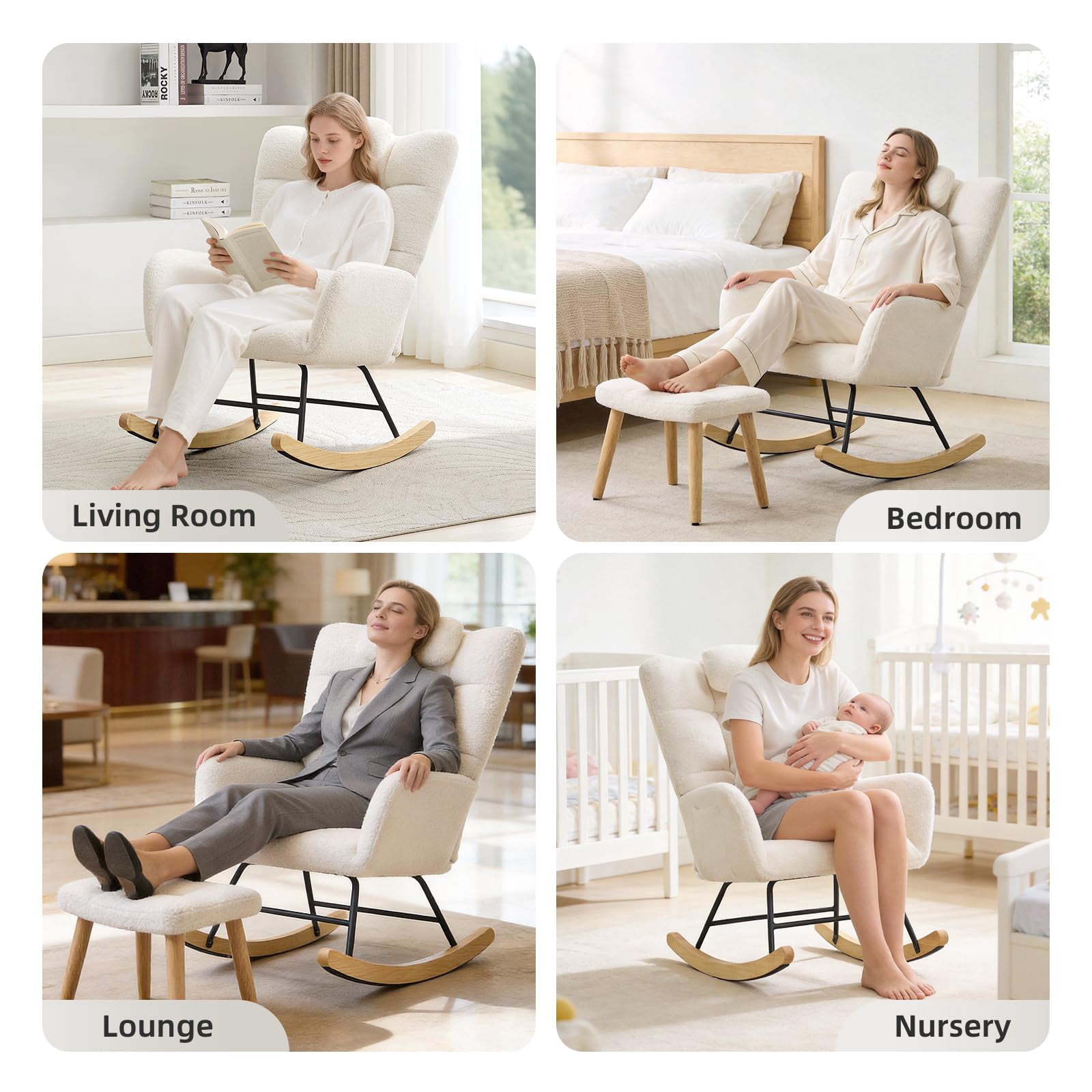 Gaderth High Back Stuffed Upholstered Rocking Chair for Living Room & Bedroom, Stuffed Fleece Comfortable Glider Accent Armchair, Soft Modern Design for Adults