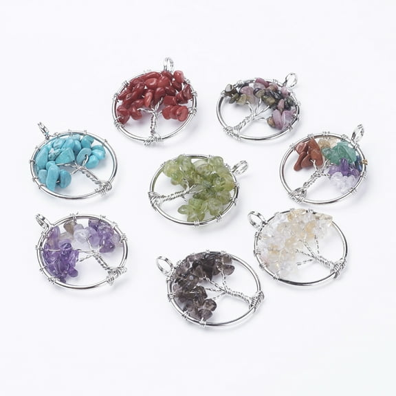 Natural & Mixed Stone Pendants with Brass Findings Flat Round with Tree of Life Platinum 29x5~7mm Hole: 4.5mm