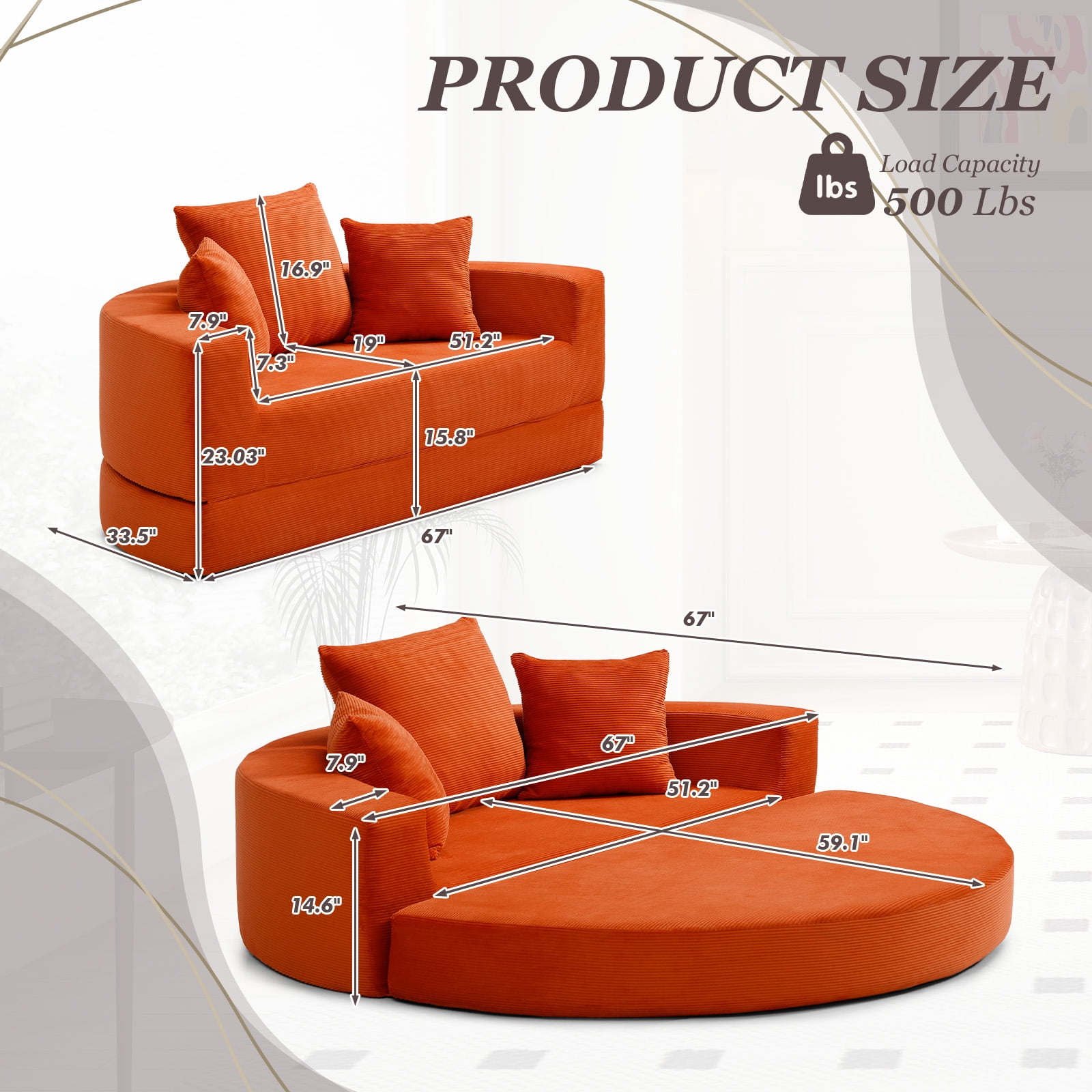MOONMISS Convertible Sofa Couch Bed,Multi-Functional,Circular Bed,Adjustable Futon Sofa For Apartment Office Bedroom Living Room,Orange