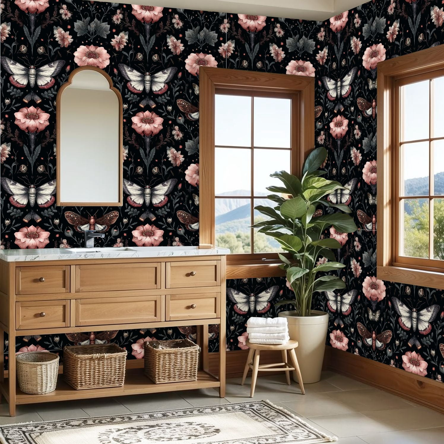 Peel and Stick Wallpaper Moths Floral Pink Flowers Dark Botanical Wall Mural 23.6in x 9.8ft Self Adhesive Removable Wall Paper Renter Friendly Wallpaper for Nursery Bedroom Cabinets