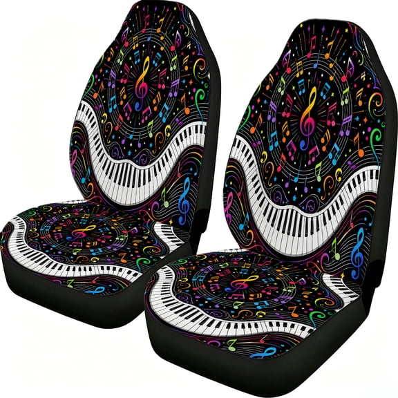 Verolix Piano Keyboard Front Car Seat Covers 2 Pack, Colorful Music Notes Print Mesh Fabric Universal Bucket Seat Covers for Cars Suvs Trucks Vans, Easy Install Interior Accessories
