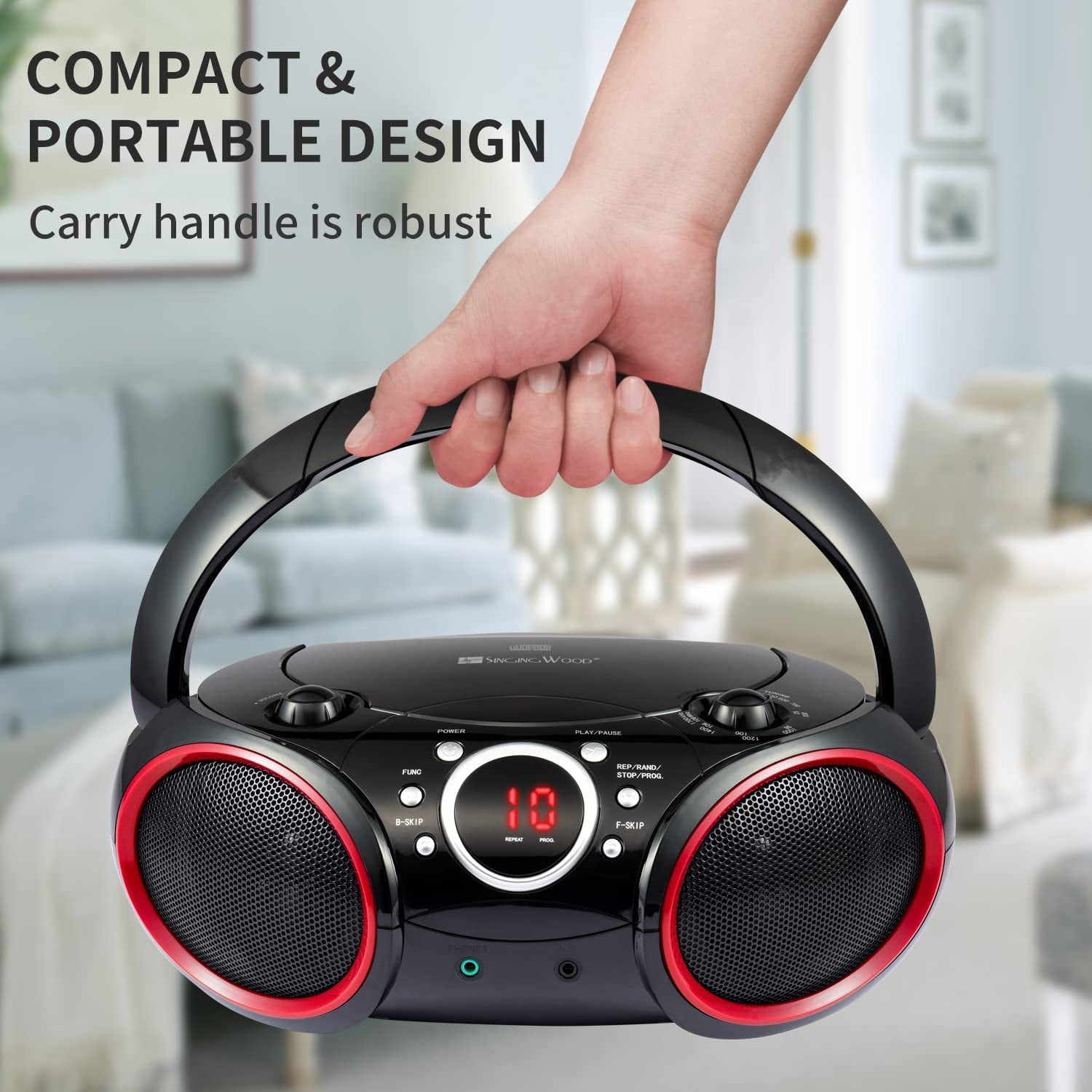 singing wood Portable CD Player Boombox with AM FM Radio, Aux Line in, Headphone Jack, AC/Battery Powered (Red)