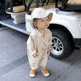 thumbnail image 2 of Likimi Baby Boys Denim Jumpsuits Lapel Button Down Solid Color Long Sleeve Romper For Baby Spring Autumn Fashionable Clothes Beige Size 2-3 Years, 2 of 6