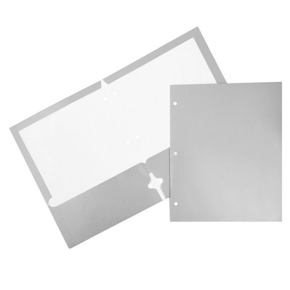 JAM Paper Laminated Two Pocket Glossy 3 Hole Punch School Folders, Silver, 3/Pack