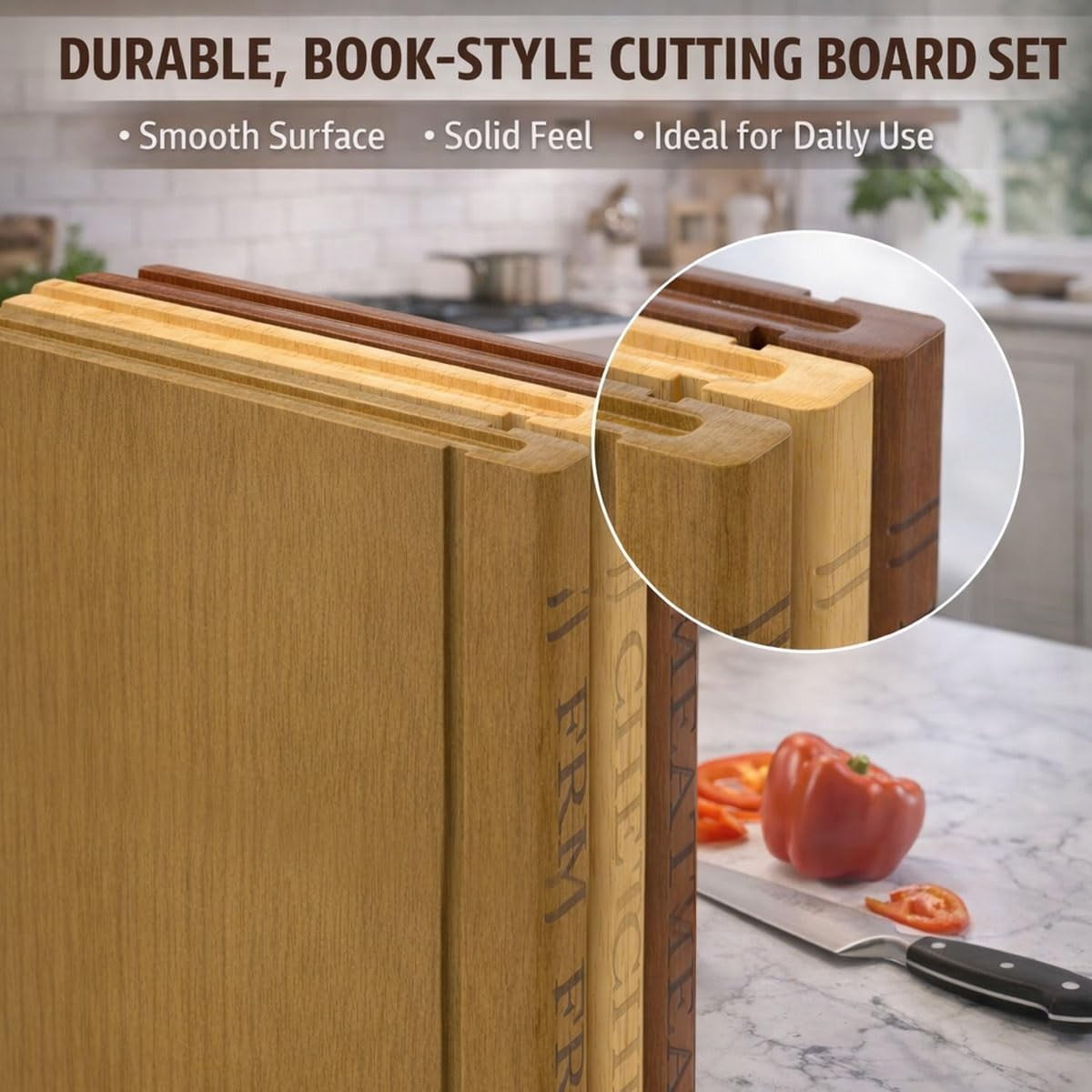 Book Shaped Chopping Board Set with Stand, 3 Piece Solid Wood Cutting Boards for Meat Cheese and Vegetables, Decorative Library Style Kitchen Gift Set
