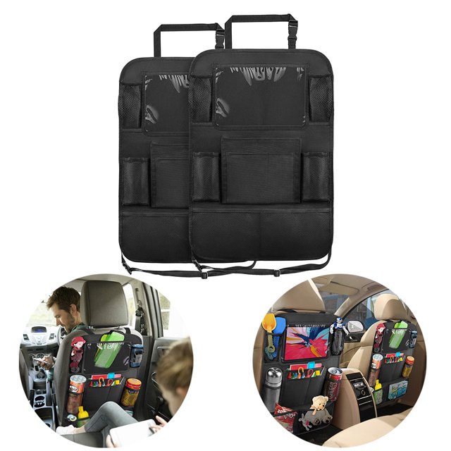 Organizador para asiento trasero de coche con soporte para tableta con pantalla táctil + 9 bolsillos de almacenamiento, alfombrillas para patadas, protectores de respaldo para asiento de coche,