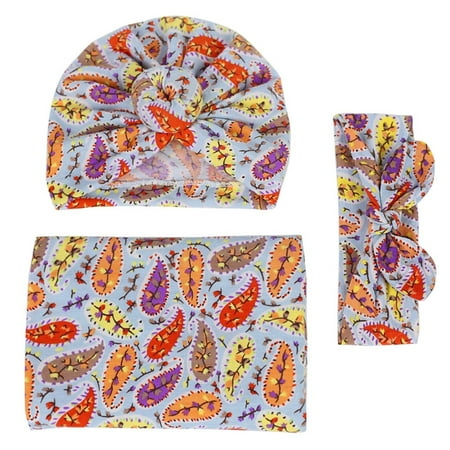 

EUBUY Photography Baby Print Wrap Hat Headband Set 80*80 Purple Leaves