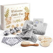 Lictin Baby Shower Gift Set for Boys Girls, 14PCS Baby Gifts, Neutral Newborn Gifts Basket with Baby Blanket, Monthly Milestone Cards, Elephant Security Blanket, Rattle Socks and Wrist