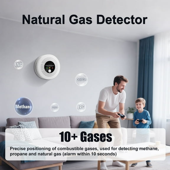 Natural Gas Detector Alarm - 10s Methane/Propane Leak Alert CH4 Gas with 85dB Siren & LED Flash, Battery-Powered Gas Monitor for Home Kitchen RV Safety (3 Battery Included)