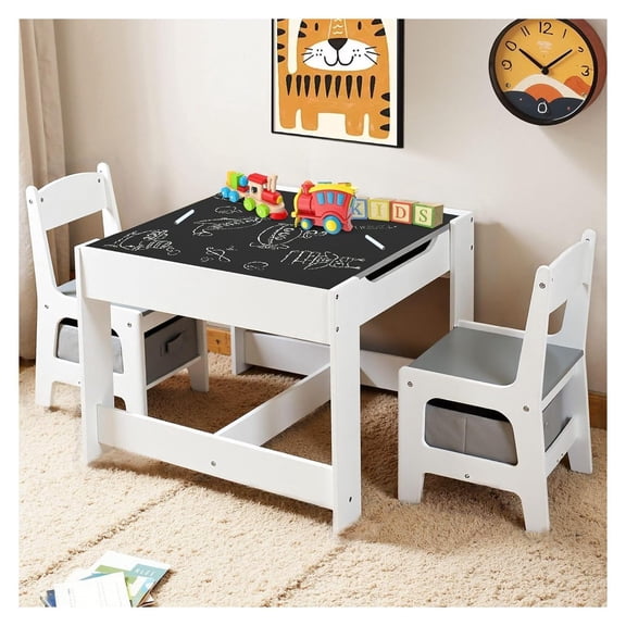 Kids Table and 2 Chairs Set, 3 in 1 Wooden Activity Table W/Storage Drawers, 2 in 1 Detachable , Storage Space, Play Table Set for Toddlers Arts, , Drawing, Reading, Gray