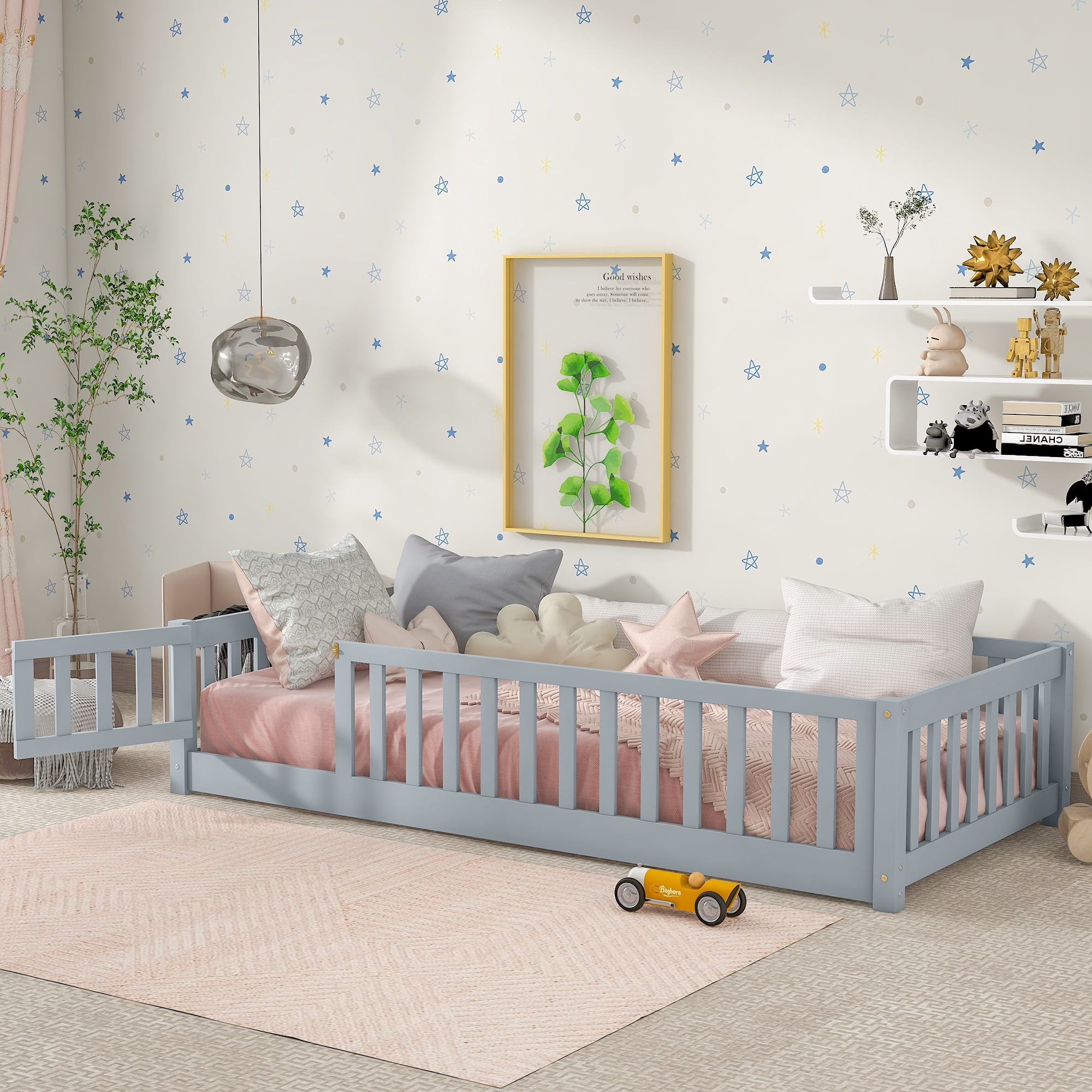 Sailvan Twin Floor Bed with Fence and Door,Solid Wood Kids Bed Frame for Toddlers Grey