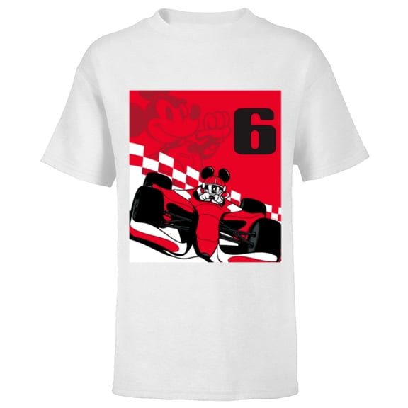 Disney Racing 6th Birthday 6 Years Old Mickey Mouse Race Car - Short Sleeve T-Shirt for Kids - Customized-White