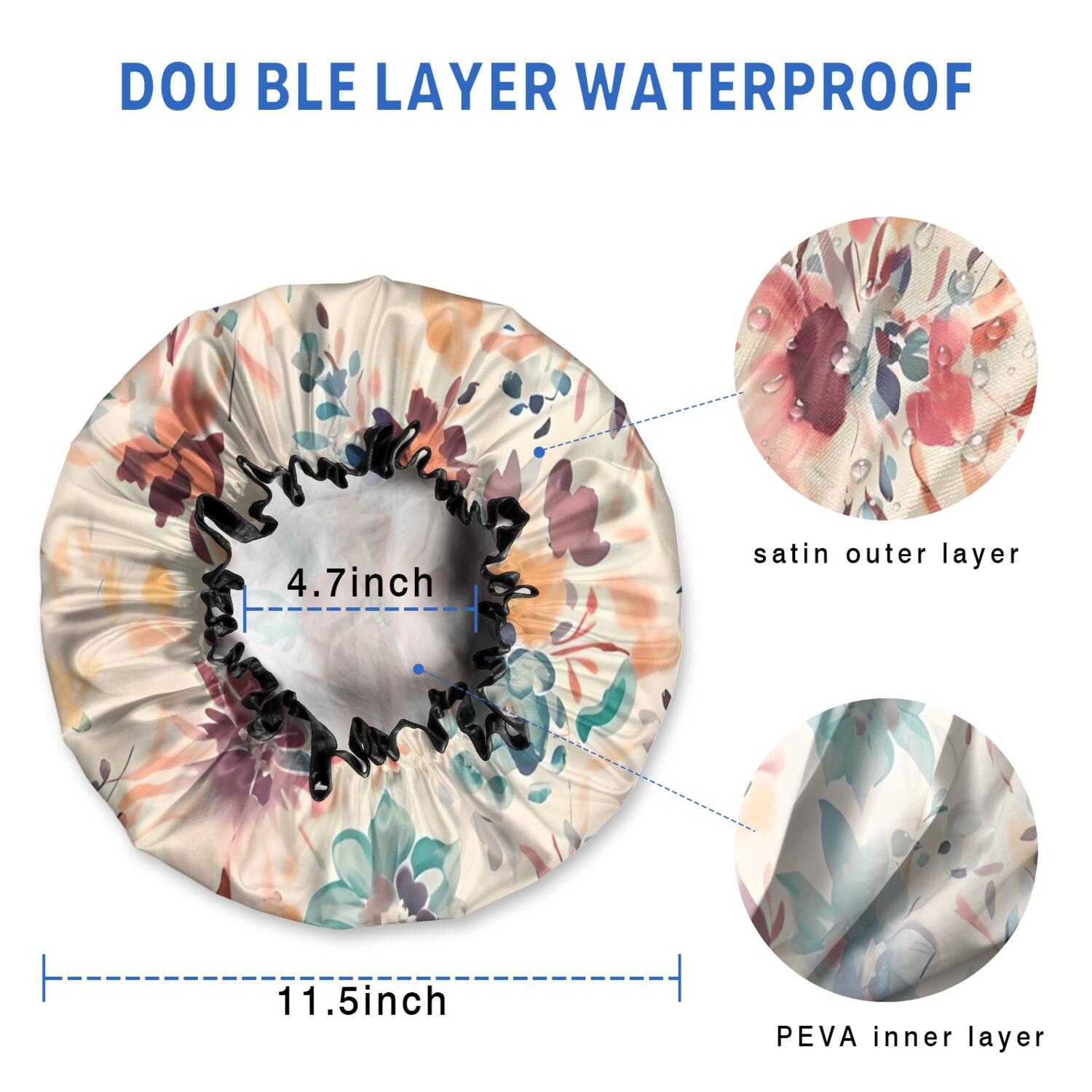 Shower Caps,Pioneer Flower Floral Print Pattern Waterproof Shower Cap for Women 4 Pieces,Double Reusable Hair Cover for Shower PEVA Elastic Stretch Hem