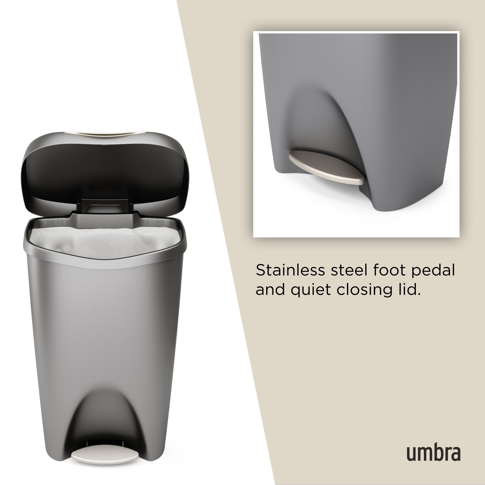 Umbra 13 gal Brim Plastic Step Soft Close Lid Kitchen Trash Can, Nickel