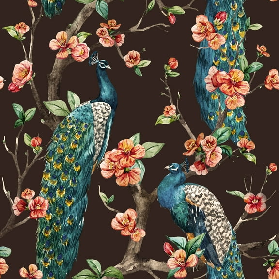 MuralsPrint Bournie Watercolor Peacocks Peel and Stick Wallpaper - 10'ft H x 24''inch W