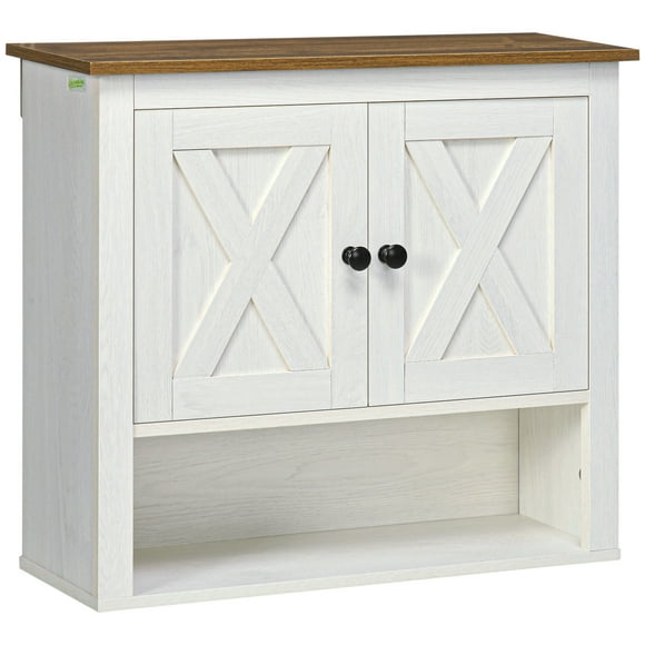Kleankin Farmhouse Bathroom Wall Cabinet Medicine Cabinet with Double Doors and Open Shelf, White