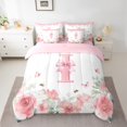 thumbnail image 2 of jejeloiu Monogrammed I Bedding Comforter Set 7-Piece,Retro Flower Butterfly King Bedding Sets,White Pink Bow Bed Sheets For Girl,Microfiber Room Decorative Reversible, 2 of 8