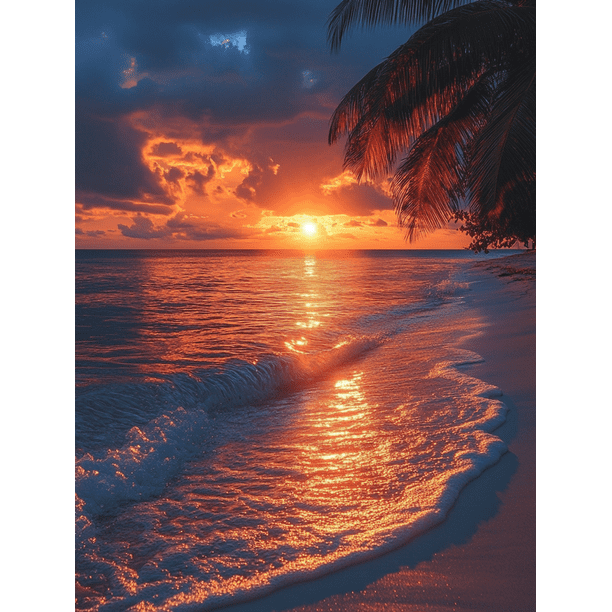 Qisvanset 12x16 Inch Tropical Beach Sunset Canvas Wall Art, Palm Tree Ocean Seascape Exotic Island Coastal Home Decor