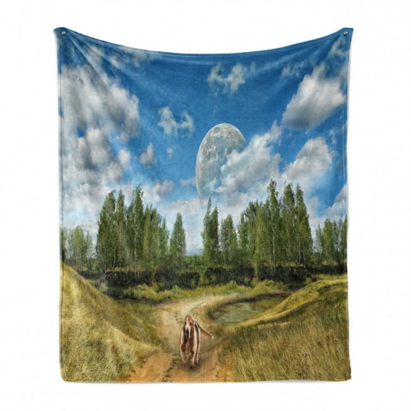 Basset Hound Soft Flannel Fleece Throw Blanket, Illustration with Outdoor Scene with Running Dog Trees, Cozy Plush for Indoor and Outdoor Use, 50" x 60", Multicolor, by Ambesonne