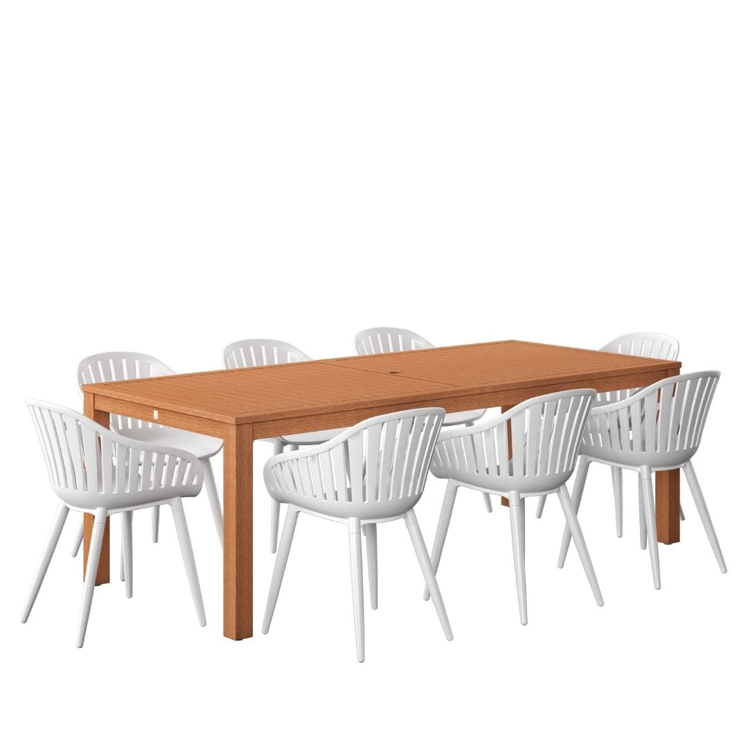 Amazonia Paraty 9-Piece Patio Dining Table Set | Eucalyptus Wood & Aluminium| Ideal for Outdoors and Indoors, White