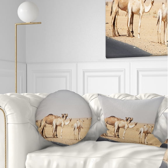Designart Camels in Sunny Sahara Desert - Animal Throw Pillow - 12x20