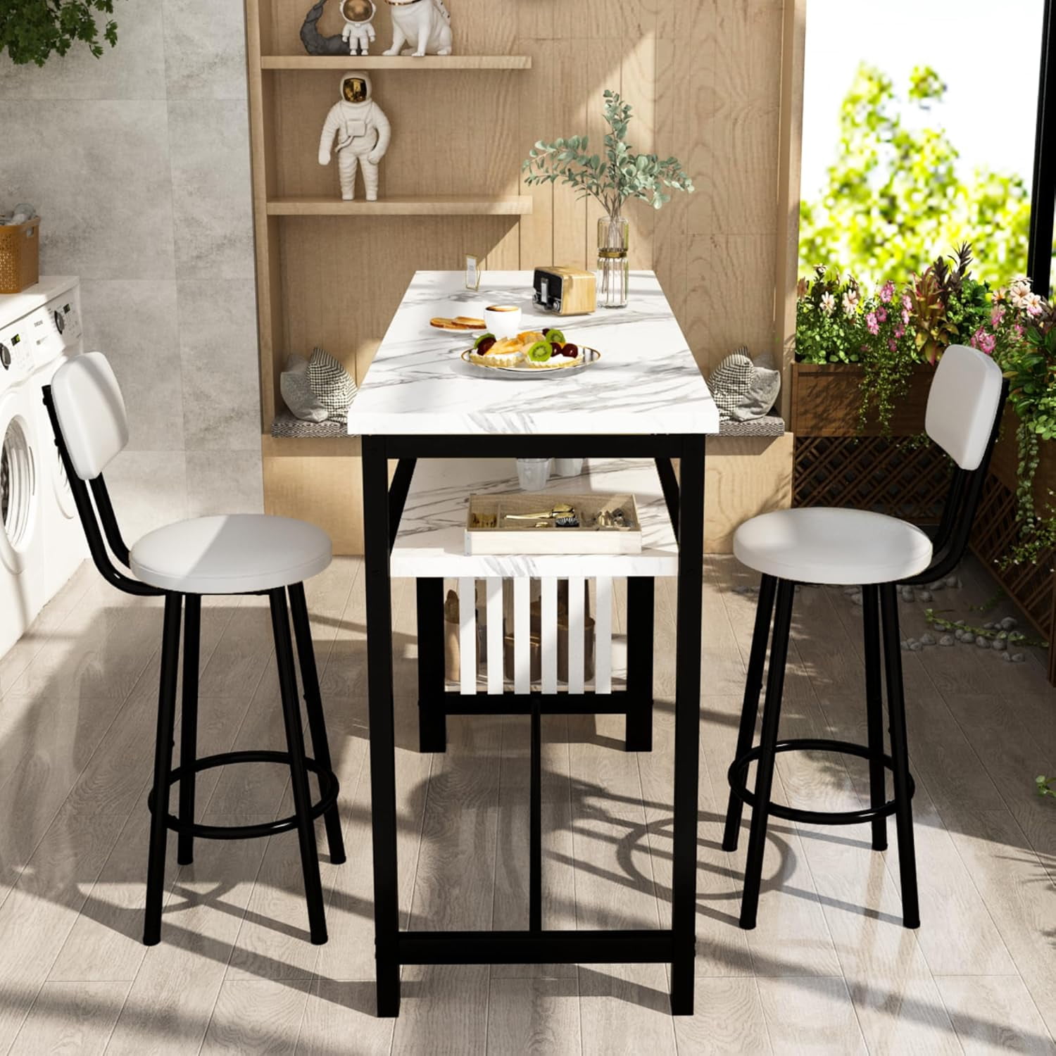 Cvortll Bar Table and Chairs Set, Kitchen Counter with 3 Tier Storage Shelves,3-Piece Faux Marble Table with 2 PU Cushion Bar Stools,Black Legs