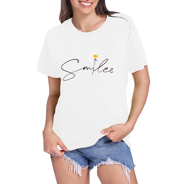 LUOGENLI T-shirts pour Femmes Motif Tournesol Col Rond Manches Courtes T-shirts Graphiques Pêche Saint-Valentin Blanc TG