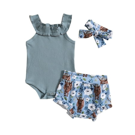 

YDOJG Outfit Set for Toddler Boys Girls Summer Sleeveless Calf Flower Prints Romper Pants Headbands 3Pcs Outfits Clothes Set Blue 12-18 Months