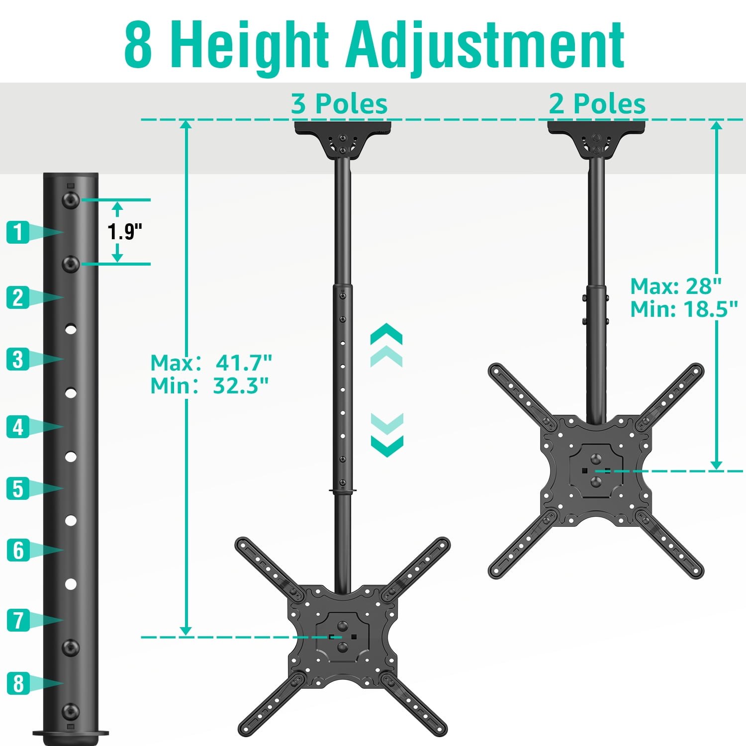 MOUNT PRO Ceiling TV Mount for Most 26-65 inch TVs, 8 Height Adjustable Settings Full Motion Swivel and Tilt Hanging TV Wall Mount Bracket, Max VESA 400x400mm, Holds up to 99 lbs