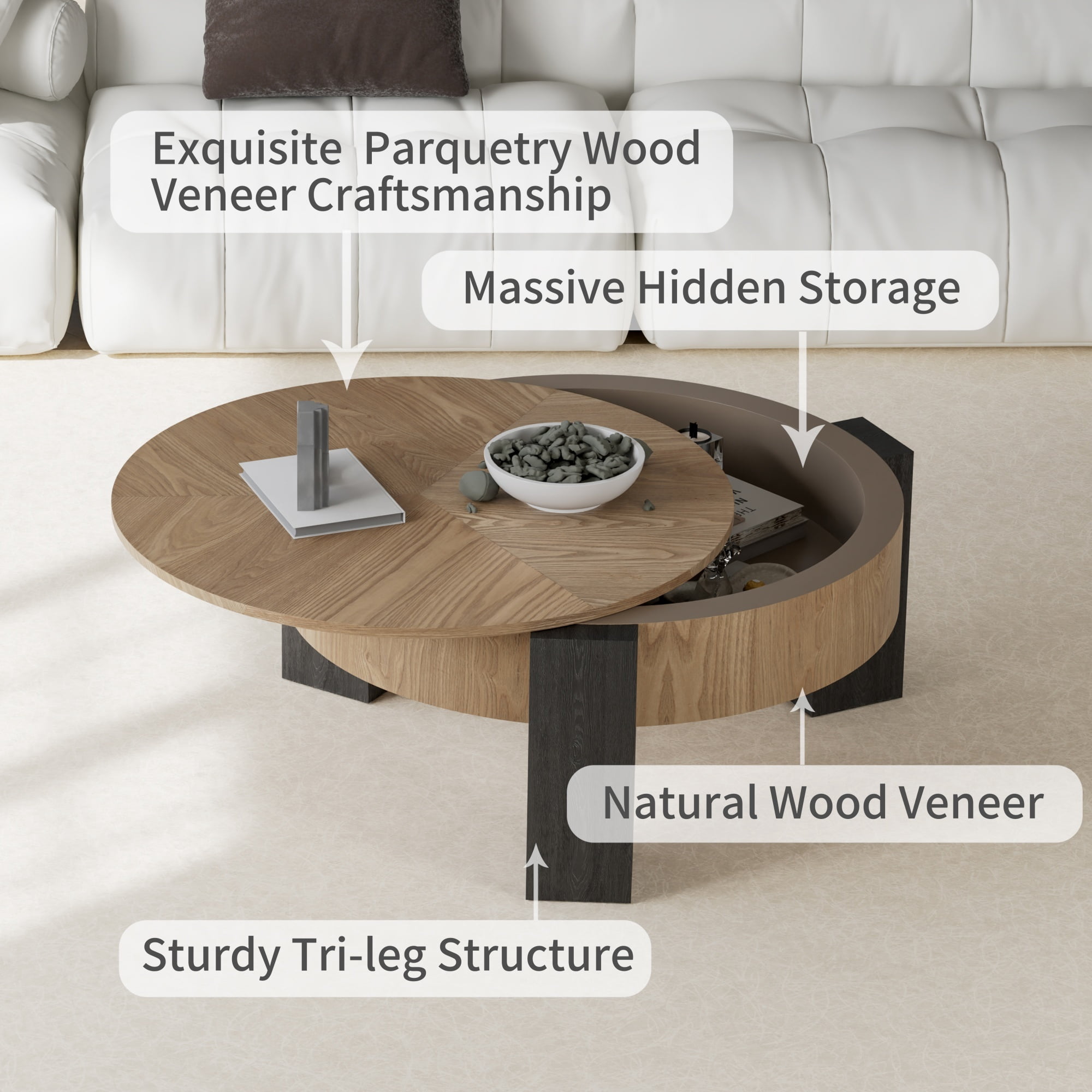 1PCS Round Coffee Table with Hidden Storage Compartment, Modern Wood Veneer Accent Center End Table with 3 Block Legs