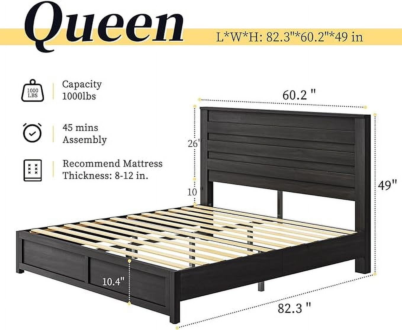 VanAcc Queen Size Bed Frame with 49" Tall & Full-Panel Headboard, Farmhouse Platform Bed with Wood Slats & Metal Bed Frame, Noise Free
