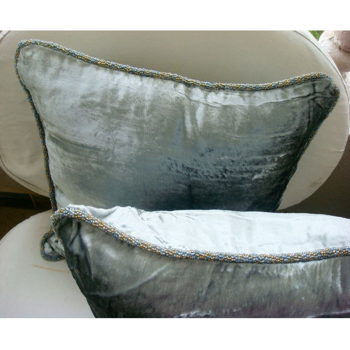 Cushion Covers, Silver Pillow Case, Solid Color Beaded Cord Throw Pillows Cover, 14x14 inch (35x35 cm) Decorative Pillow Cover, Square Velvet Pillowcase, Solid - Silver Shimmer