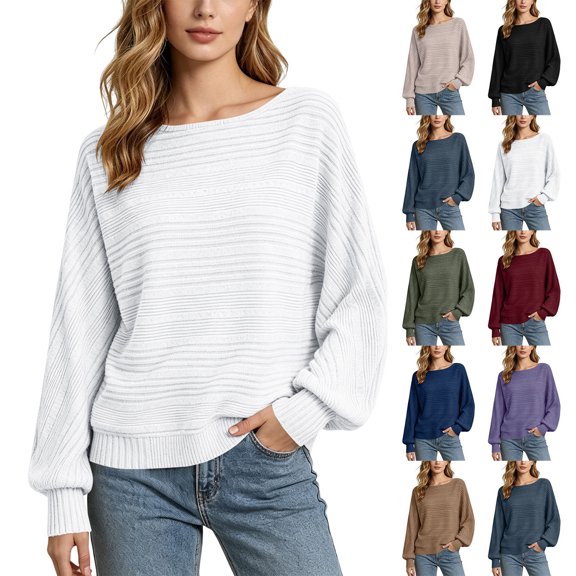 Women Boat Neck Textured Knit Sweater Batwing Long Sleeve Solid Color Loose Casual Pullover Ribbed Cuff Fall Blouse