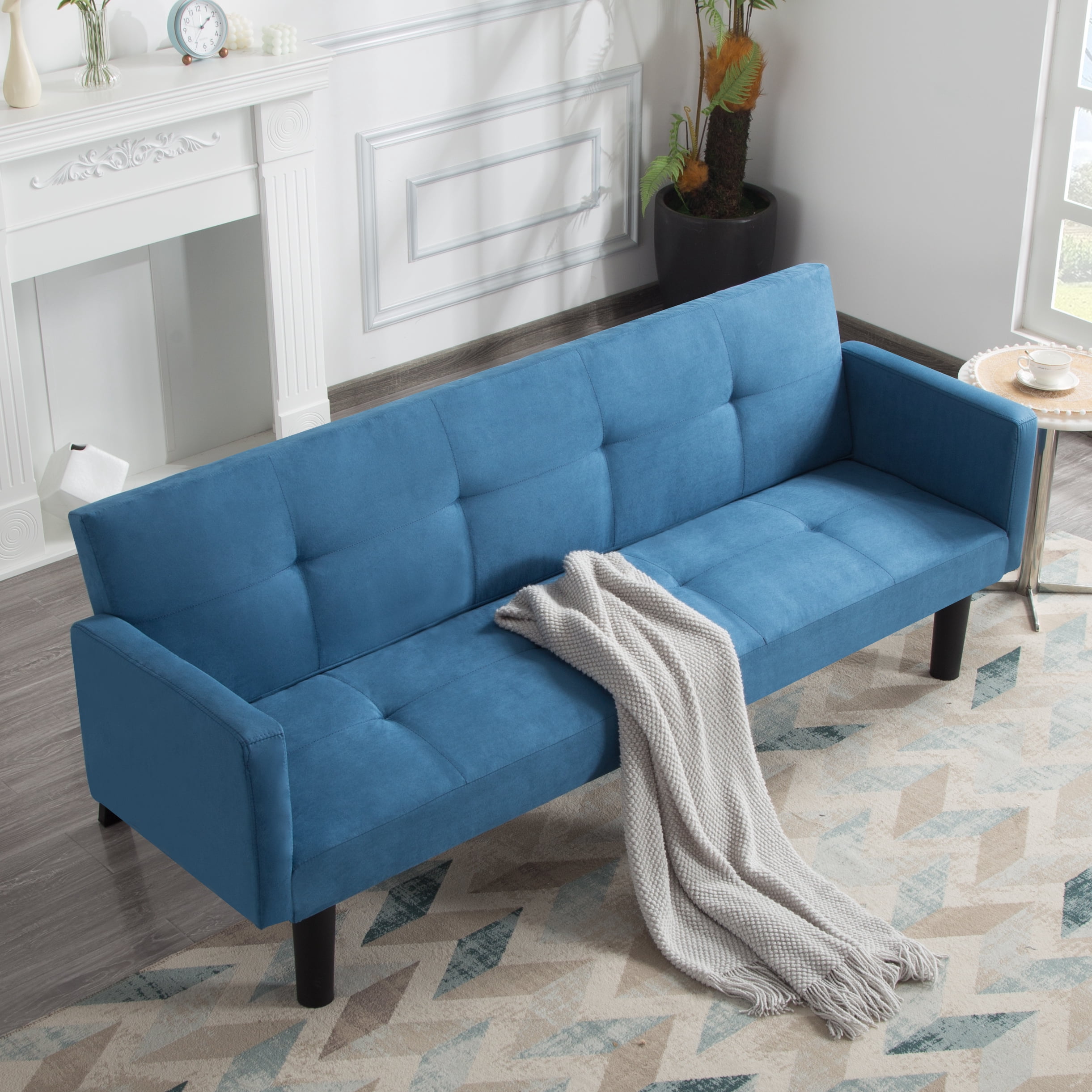 Gewnee 73.6" Modern Faux Suede Futon Sofa Bed, Convertible Couch with 3-Position Backrest, Twin Sleeper for Living Room/Apartment/Dorm, Blue