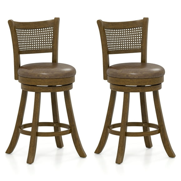 Gymax Set of 2 Bar Stools 25'' Swivel Bar Chairs w/ PE Rattan Backrest Counter Height