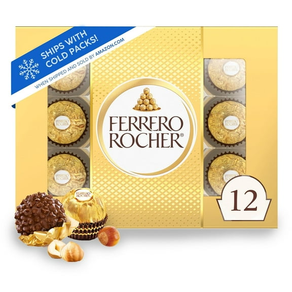 Ferrero Rocher Fine Hazelnut Milk Chocolate, 12 Count, Pack of 6 Individually Wrapped Chocolate Candy Gift Boxes, 5.3 oz