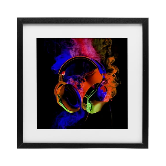 Power Play Headphones Black Framed Print Under Glass, design by Sasha