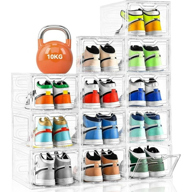 12 Pcs Zapatera Organizador, Organizador de Zapatos de Plástico Rígido 34.5x27x19cm,Organizadores de Zapatos con Puerta Magnética Transparente,Ahorro de Espacio,para Zapatillas de Caña Alta