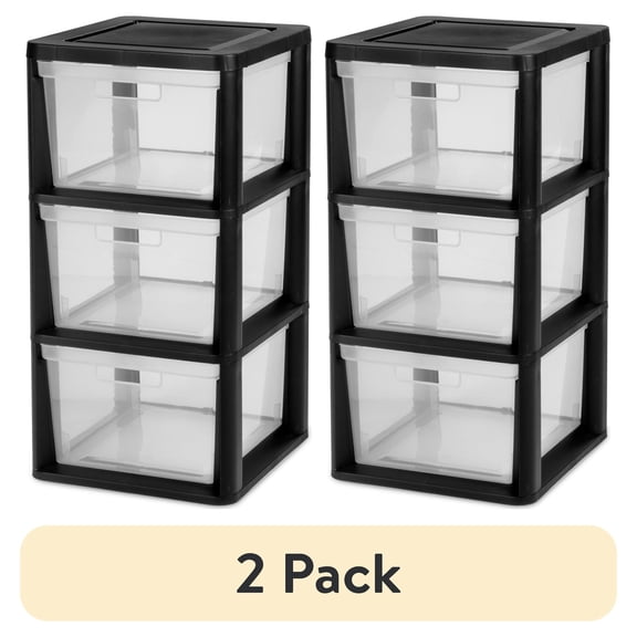 (2 pack) Sterilite 3 Drawer Tower, Plastic Storage Organizer with Removable Clear Bins, Easy to Assemble - No Tools Needed, Black