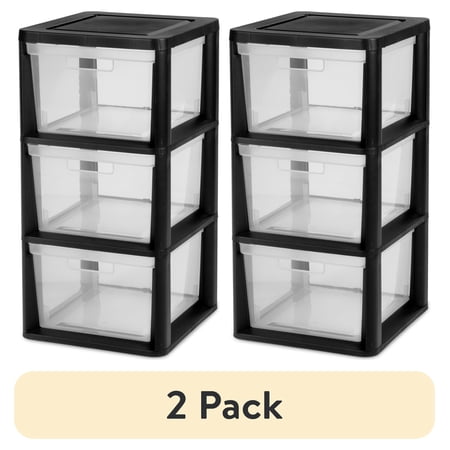 (2 pack) Sterilite 3 Drawer Tower, Plastic Storage Organizer with Removable Clear Bins, Easy to Assemble - No Tools Needed, Black