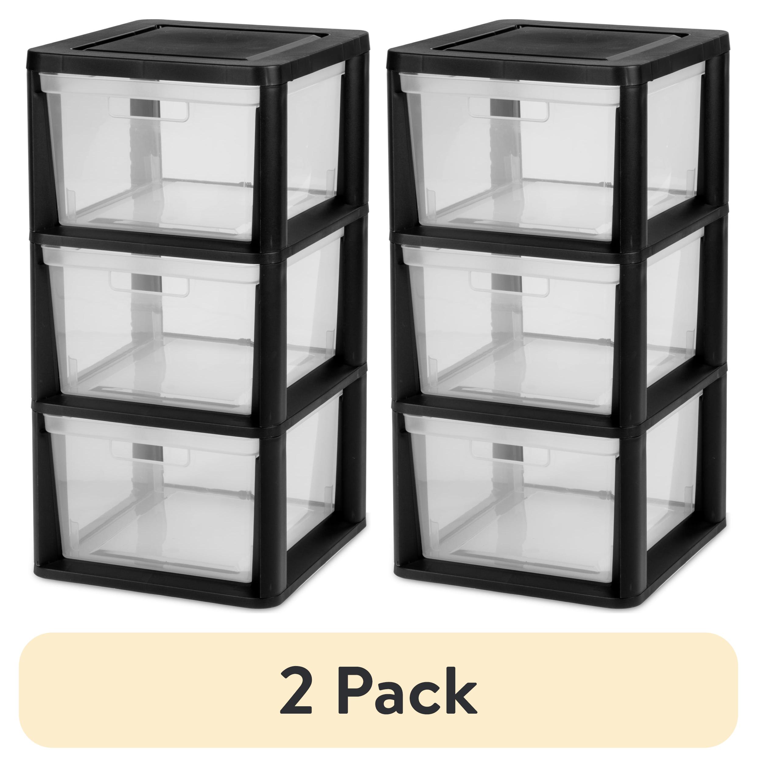 (2 pack) Sterilite 3 Drawer Tower, Plastic Storage Organizer with Removable Clear Bins, Easy to Assemble - No Tools Needed, Black