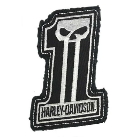 Harley-Davidson Dark Custom #1 Skull Frayed Emblem Patch, 4 x 3 inches - White, Harley (Best Place To Order Custom Patches)