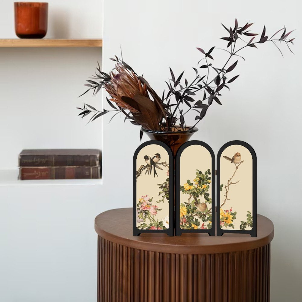Jiibva Mini Folding Screen, 3 Panel Divider, Chinese Style Vintage Desktop Folding Screen Feng Shui Ornaments for Home Office New Year Decoration