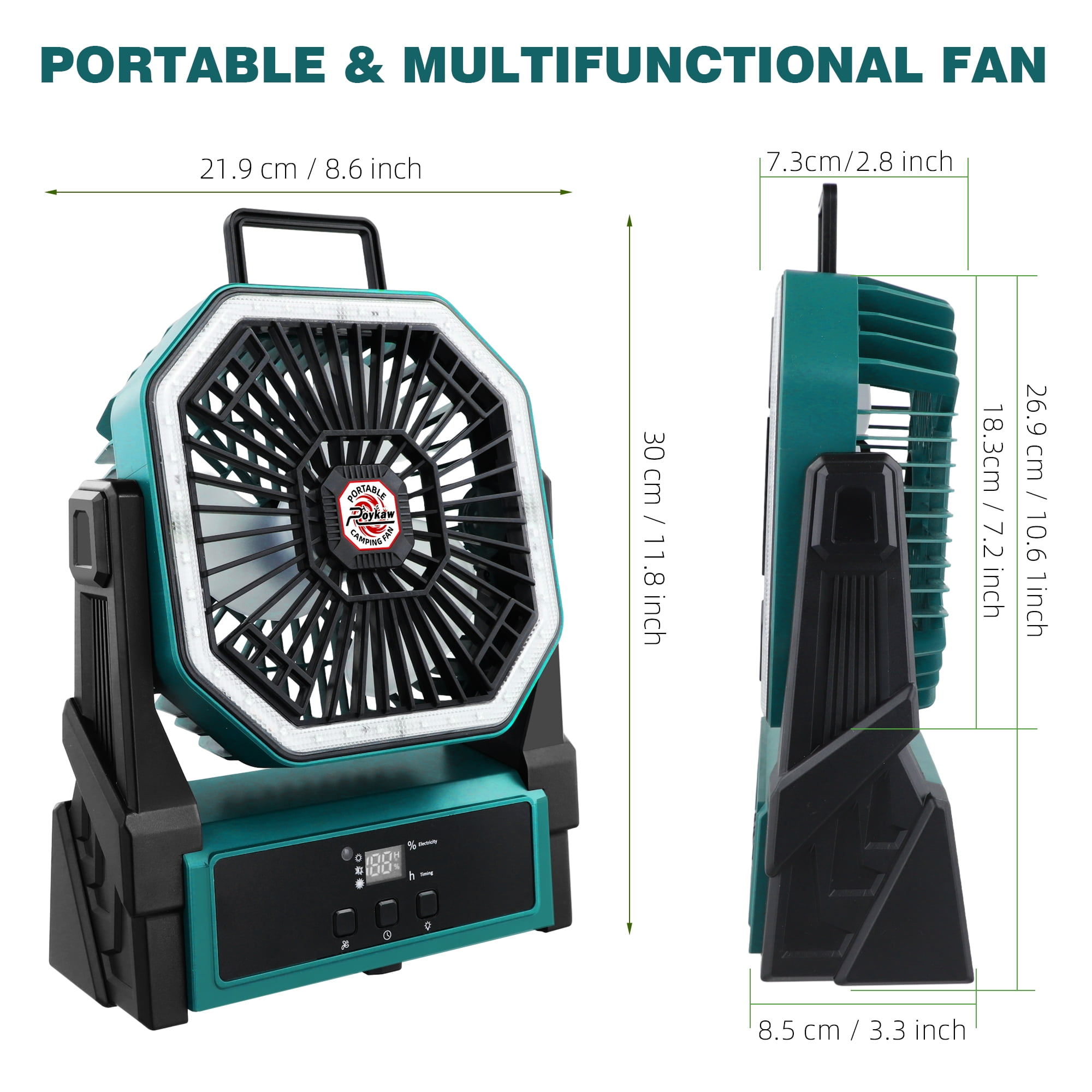 Roykaw Portable Fan Rechargeable 20000 mAH Battery Powered, Cordless Camping Fan, Ultra-bright LED Lights & Display, 36+ Hrs Work, w/Hang Hook, Handle for Travel, Fishing, Golfing, Indoor, Hurricane