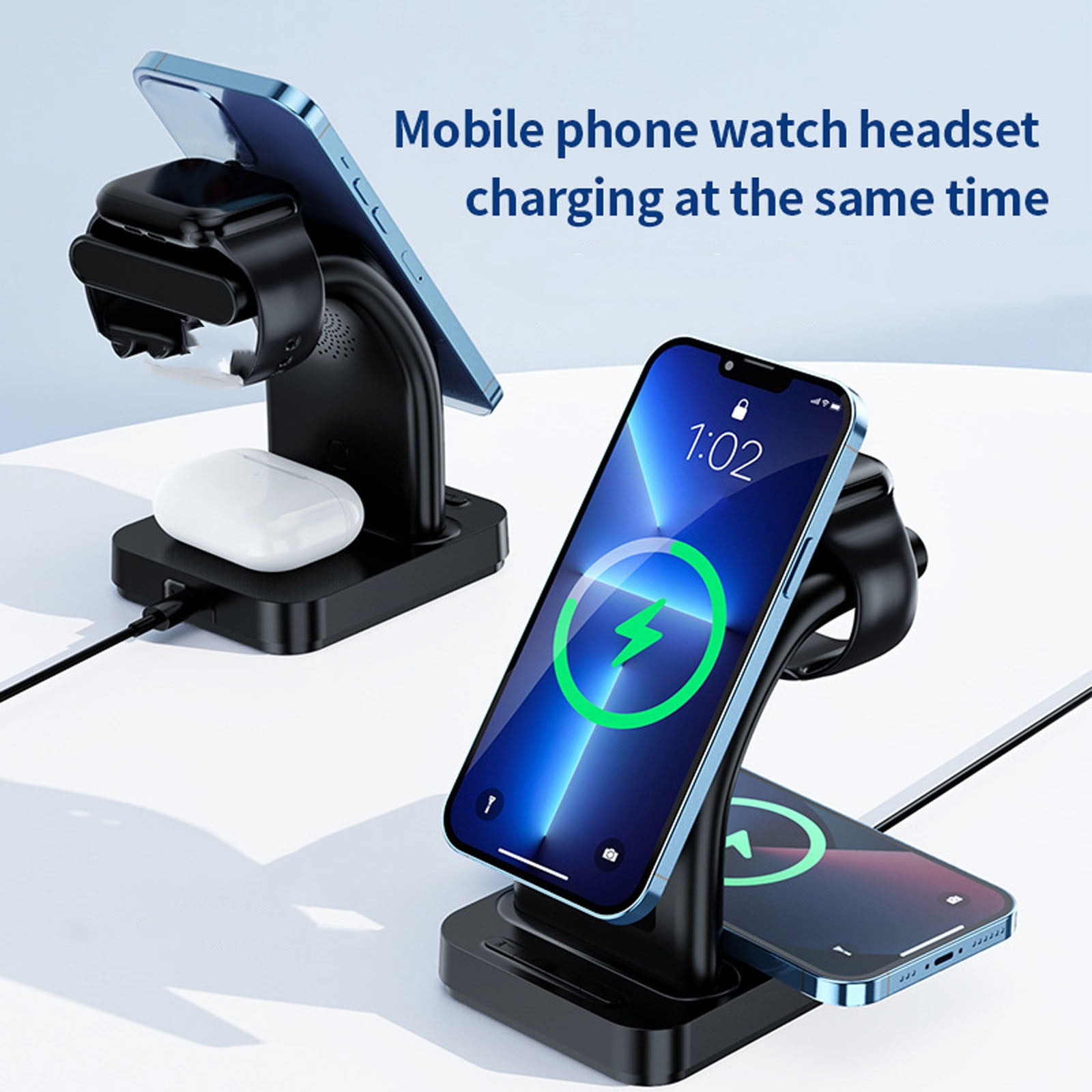Mgaxud Multifunctional Wireless Charger Stand with LED Alarm Clock - 3 in 1 Charger for Phone, Watch, and Headset, Compatible with Most Smartphones