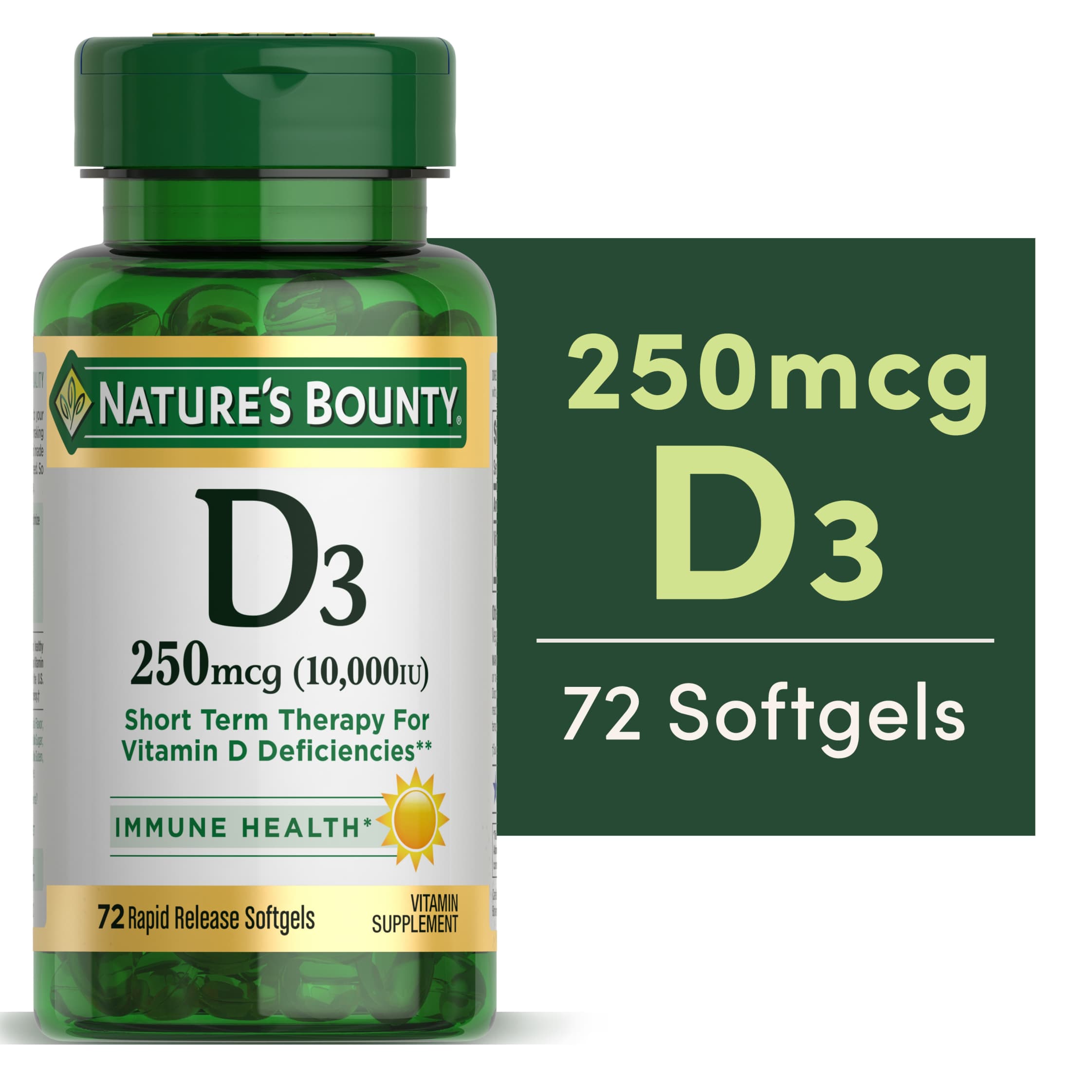 Nature's Bounty Vitamin D3 Cholecalciferol Softgels, 250 mcg 10,000 IU, Immune Support, Bone Health, High Potency, 72 Count