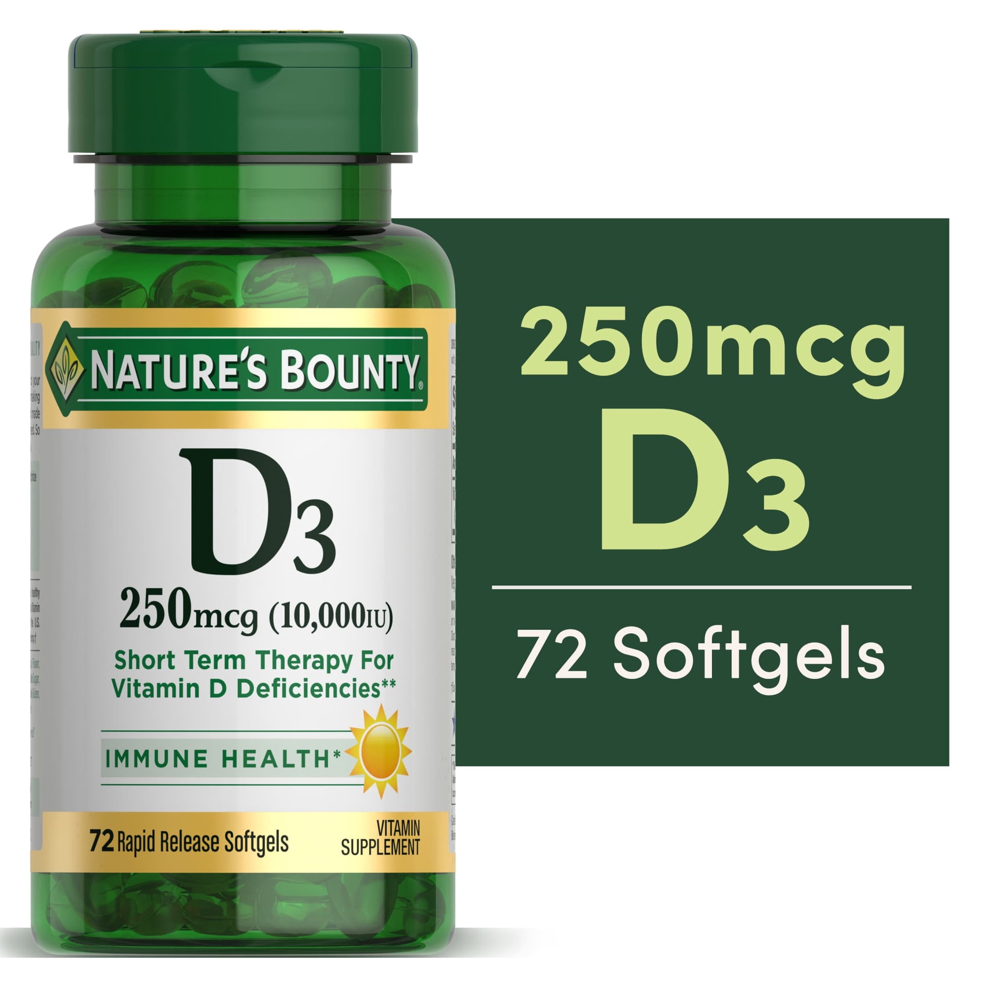 Nature's Bounty Vitamin D3 Cholecalciferol Softgels, 250 mcg 10,000 IU, Immune Support, Bone Health, High Potency, 72 Count