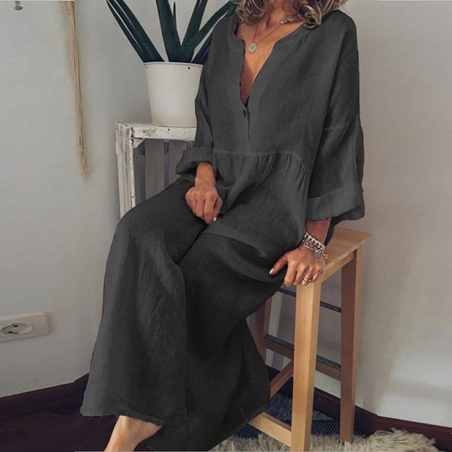 JUNWELL Robe Chemise Décontractée de Vacances Femme Couleur Unie Manches Longues Col en V Ample Coton Lin Robe Midi Été Mince Fin de Semaine Robes de Rue