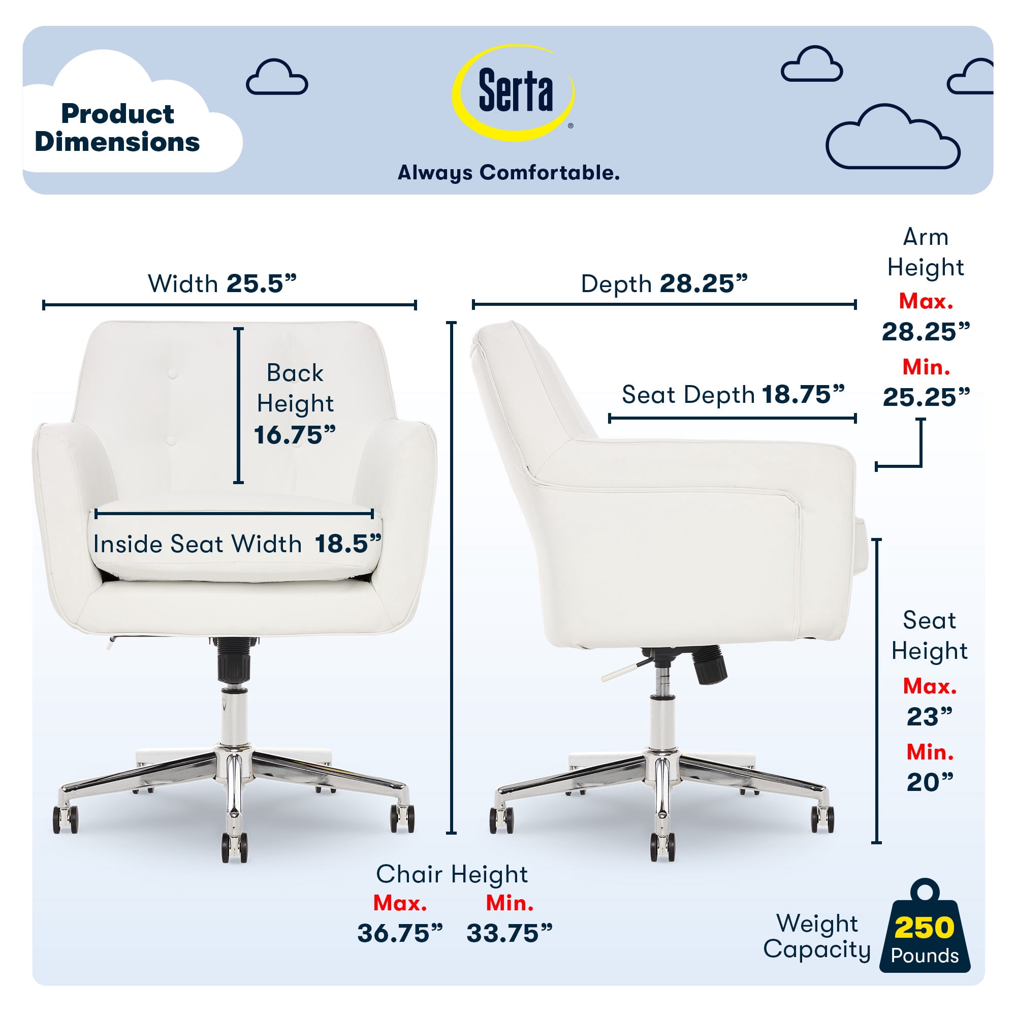 Serta Ashland Home Office Desk Chair with Button Tufted Mid-Back, Memory Foam Cushion and Padded Arms, Modern Vanity Armchair with Wheels for Bedroom, Chrome Metal Base, White Bonded Leather